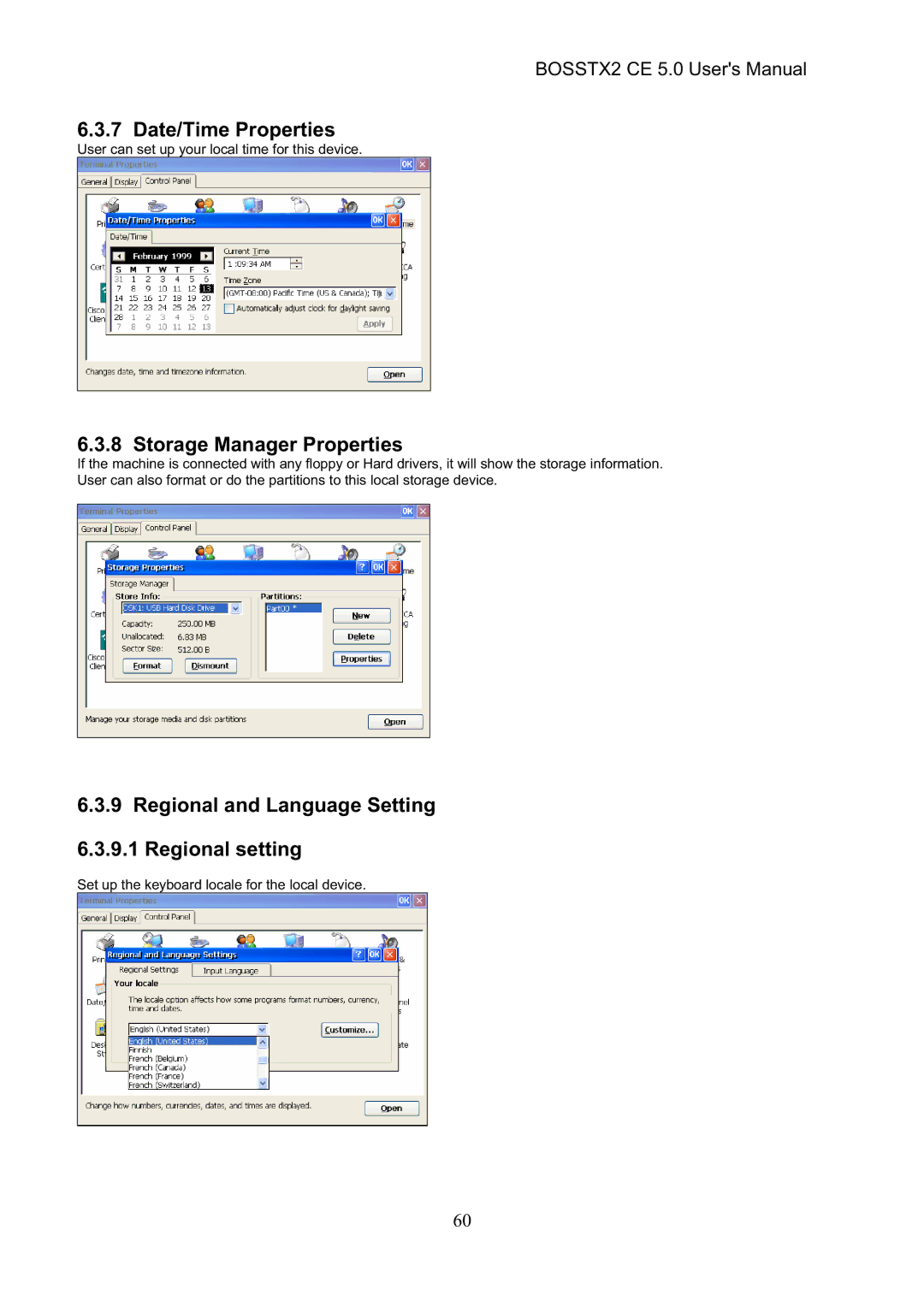 Epson BOSSTX2 CE 5.0 Date/Time Properties, Storage Manager Properties, Regional and Language Setting Regional setting 