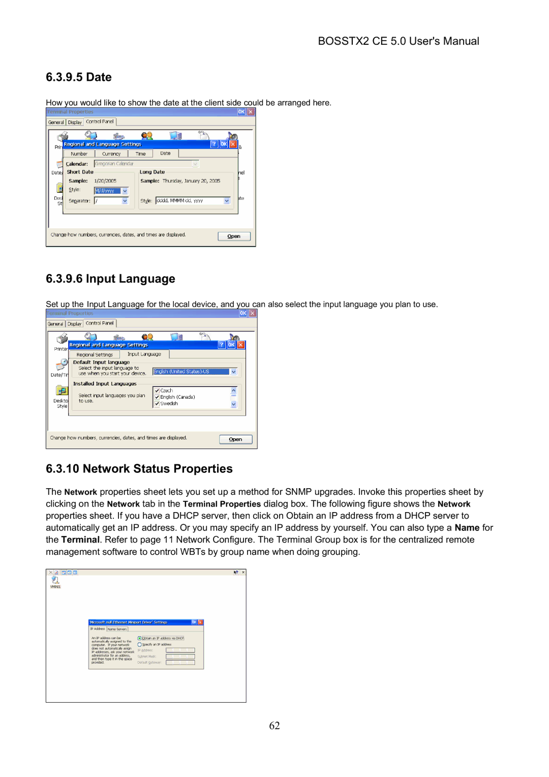 Epson BOSSTX2 CE 5.0 manual Date, Input Language, Network Status Properties 