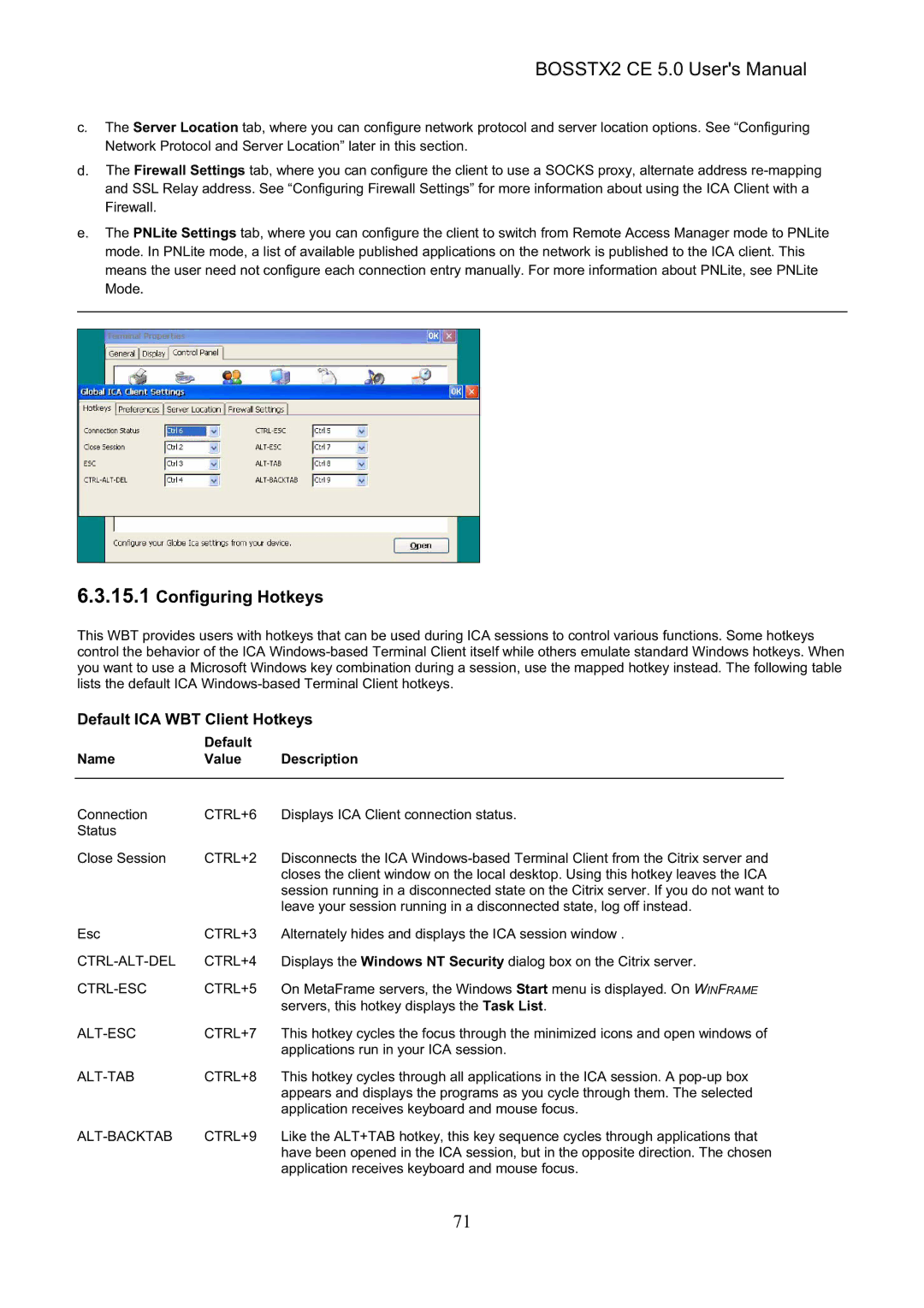 Epson BOSSTX2 CE 5.0 manual Configuring Hotkeys, Default ICA WBT Client Hotkeys, Default Name Value Description 