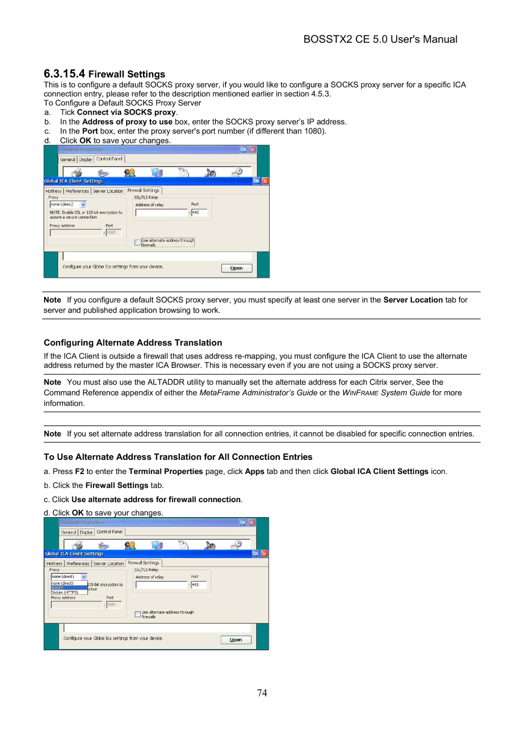 Epson BOSSTX2 CE 5.0 manual Firewall Settings, Configuring Alternate Address Translation, Tick Connect via Socks proxy 