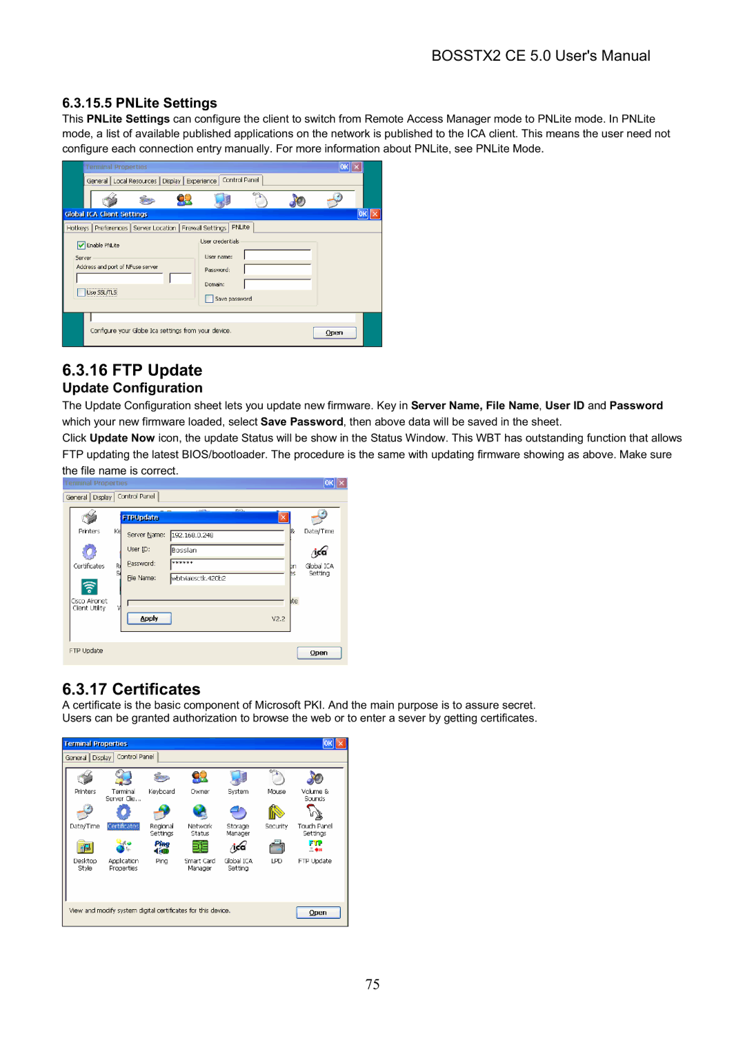 Epson BOSSTX2 CE 5.0 manual FTP Update, Certificates, PNLite Settings, Update Configuration 