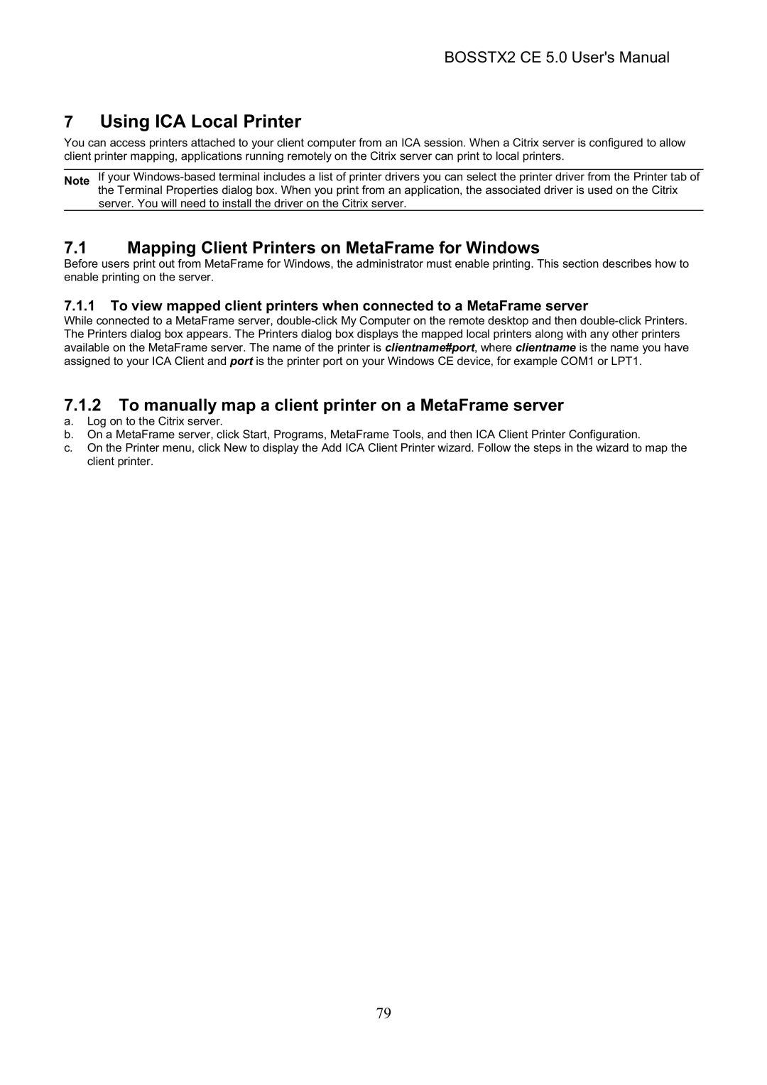 Epson BOSSTX2 CE 5.0 manual Using ICA Local Printer, Mapping Client Printers on MetaFrame for Windows 