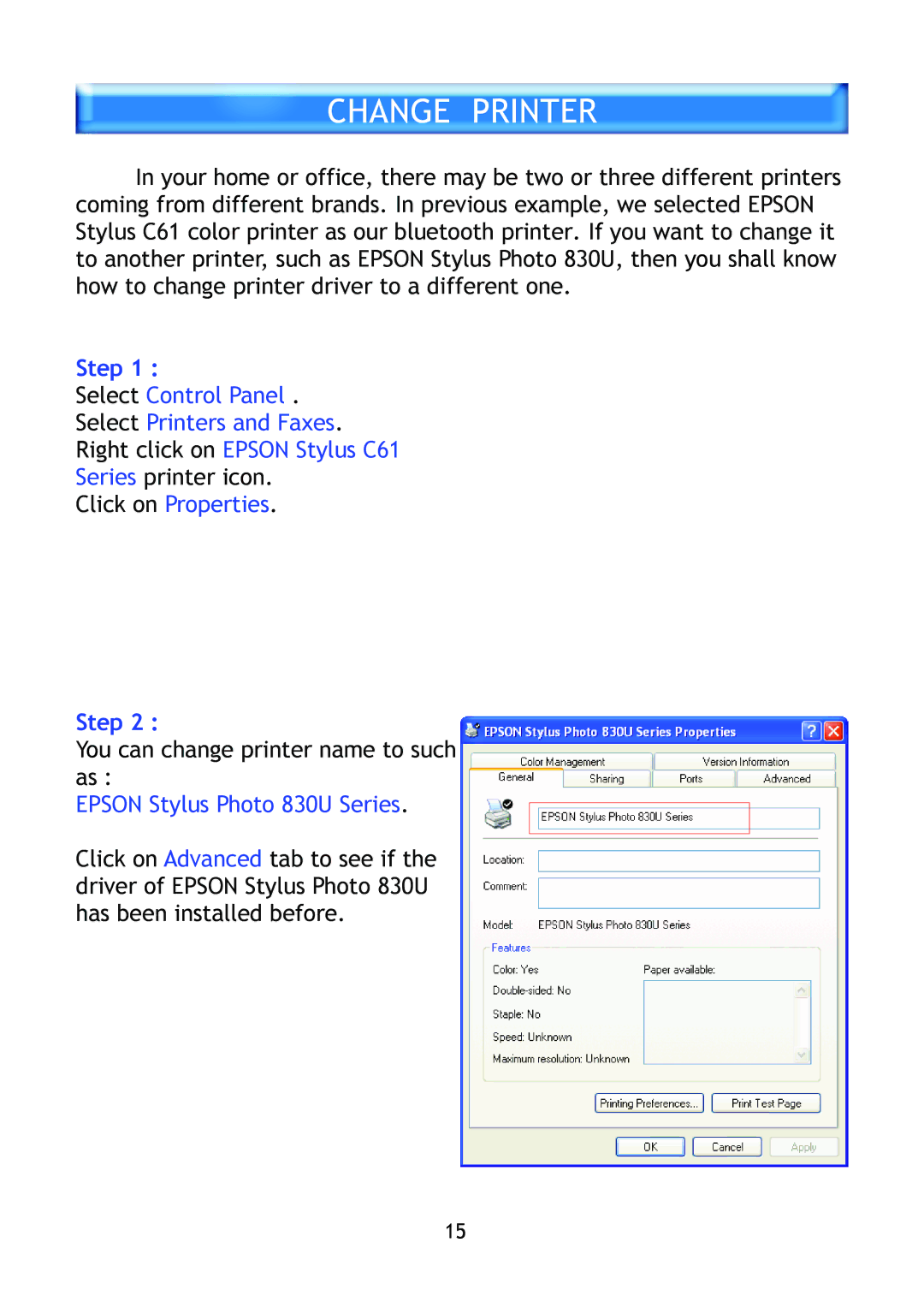 Epson BT-0260 manual Change Printer, Epson Stylus Photo 830U Series 