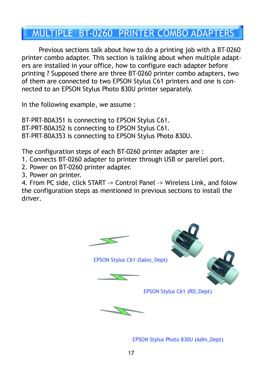 Epson manual Multiple BT-0260 Printer Combo Adapters, Following example, we assume 