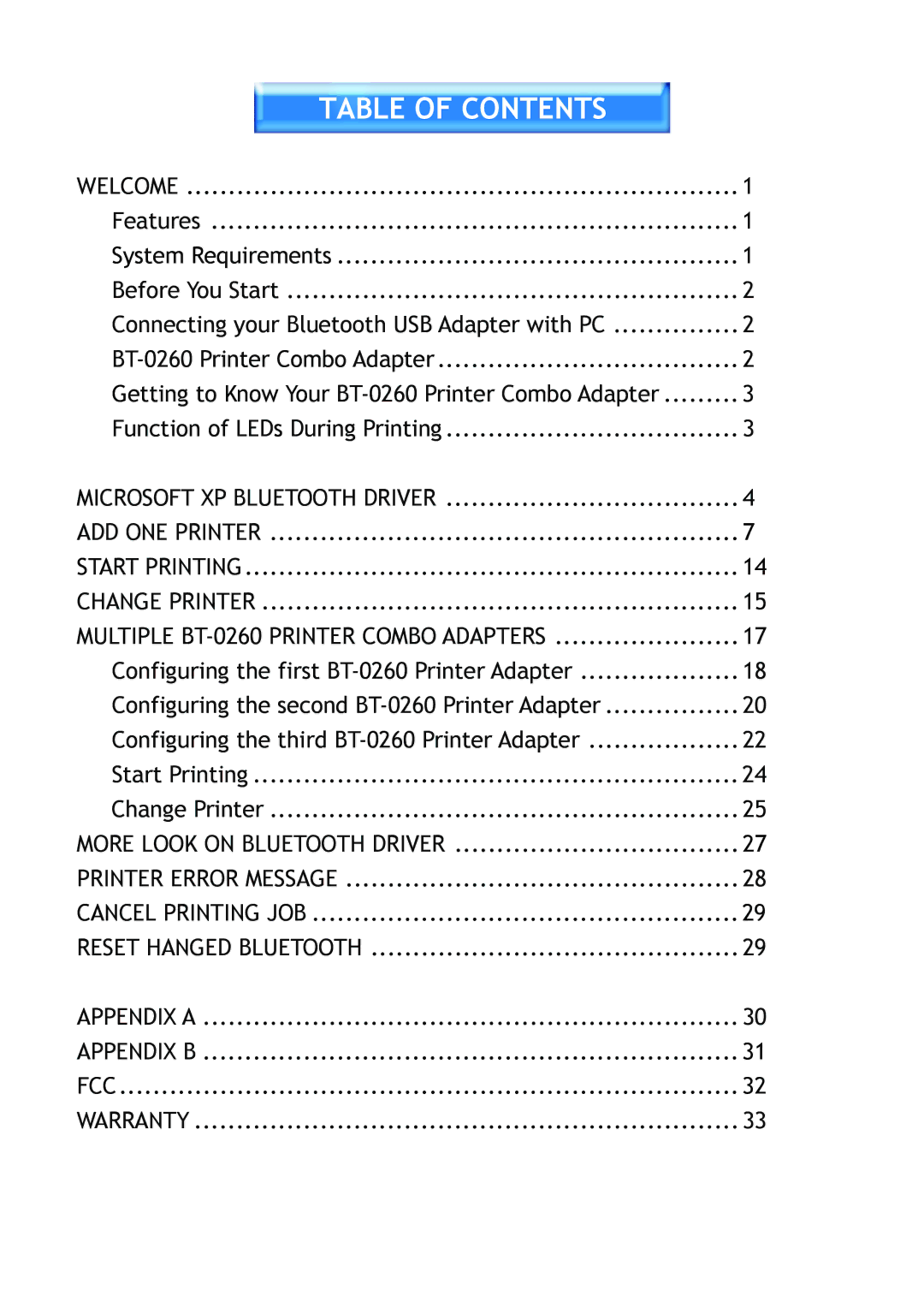 Epson BT-0260 manual Table of Contents 