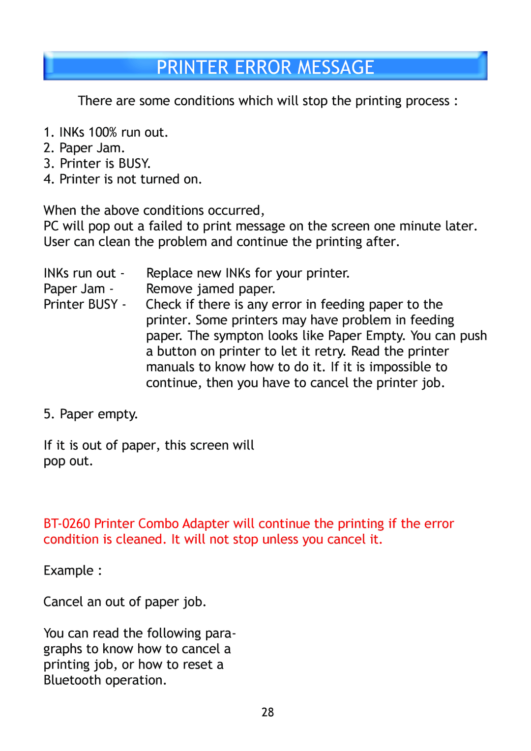 Epson BT-0260 manual Printer Error Message 