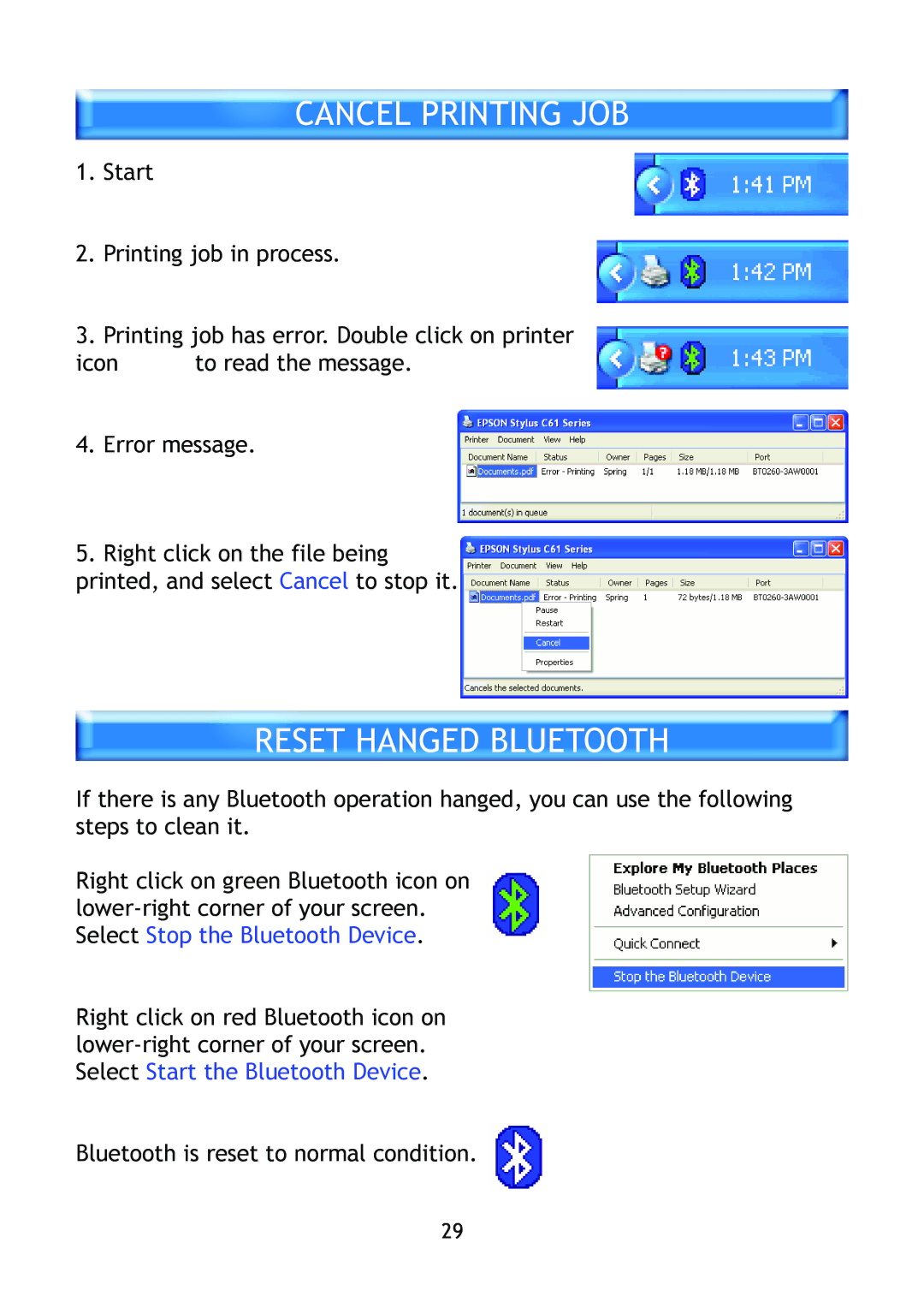 Epson BT-0260 manual Cancel Printing JOB, Reset Hanged Bluetooth 