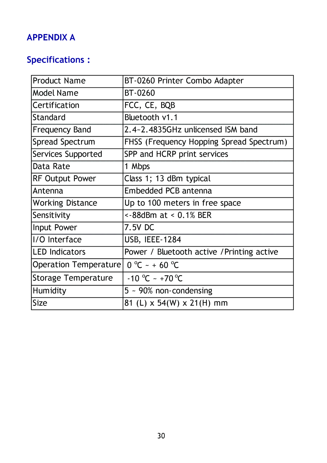 Epson BT-0260 manual Appendix a 