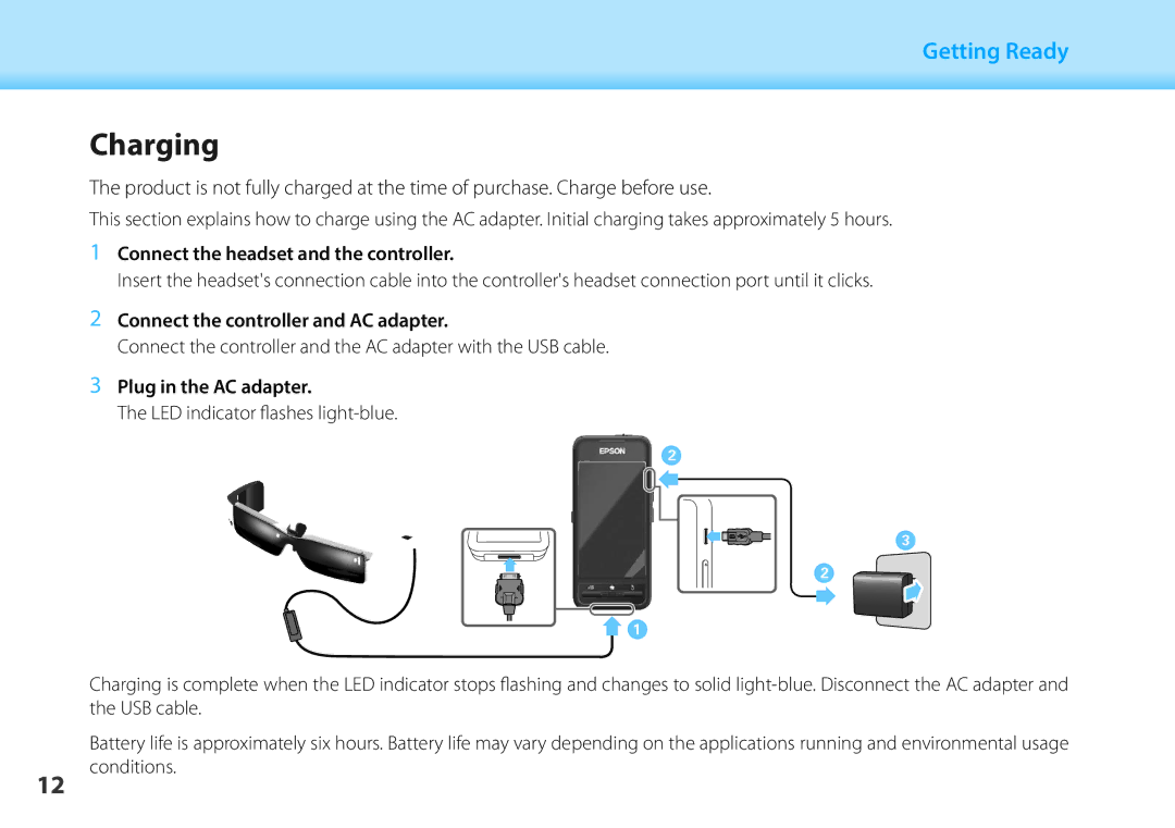 Epson BT-200 manual Charging01 Head a, Connect the headset and the controller, Connect the controller and AC adapter 