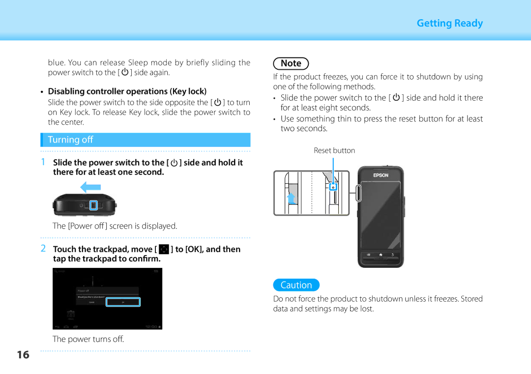 Epson BT-200 manual Turning off, Disabling controller operations Key lock 