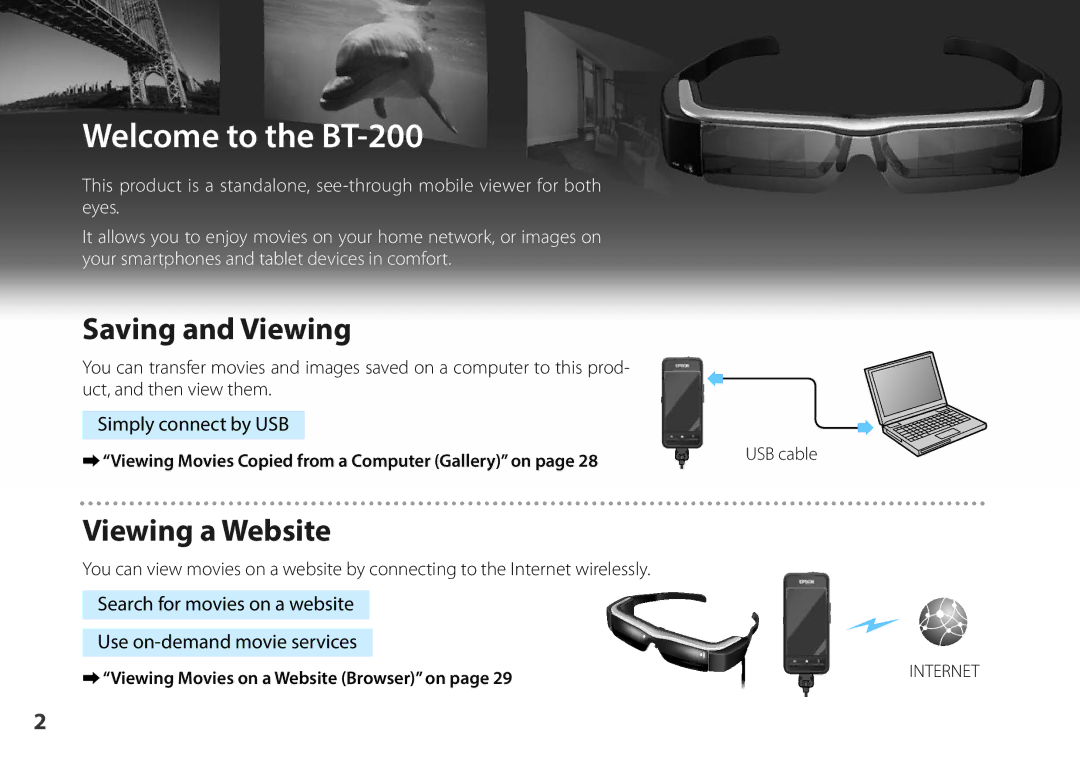 Epson BT-200 manual Simply connect by USB, Search for movies on a website Use on-demand movie services 