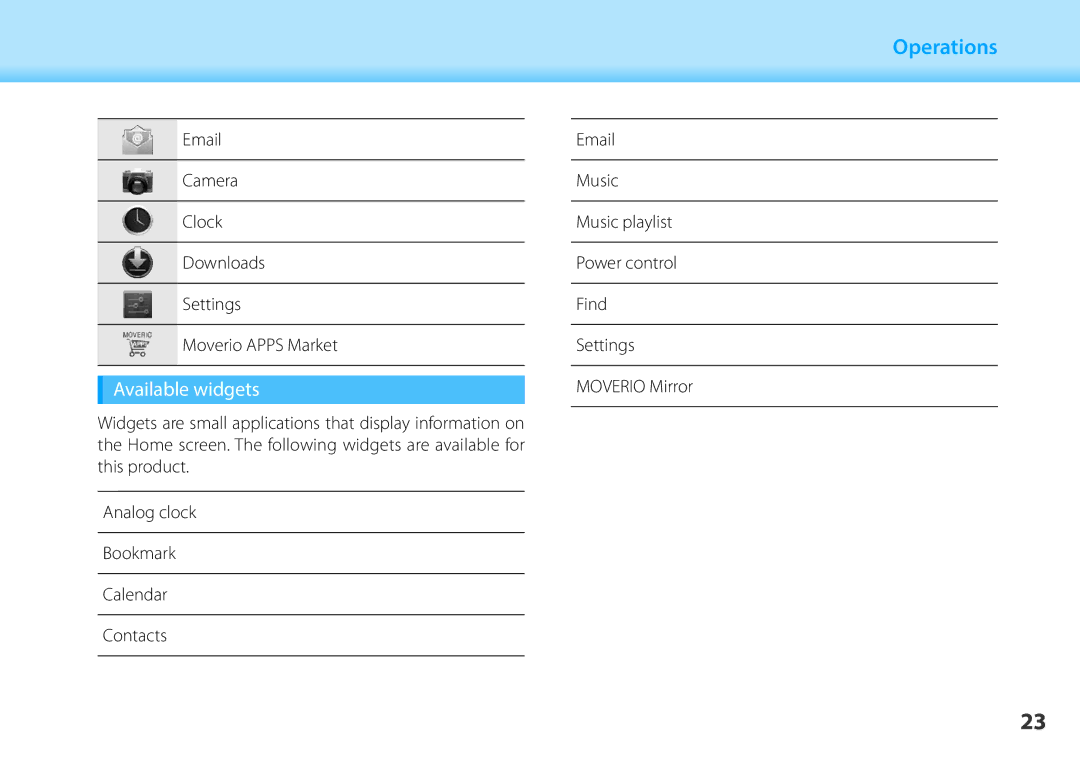 Epson BT-200 manual Available widgets 