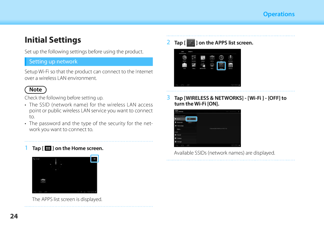 Epson BT-200 manual Initial01 HeadSettingsA, Setting up network, Tap on the Home screen 