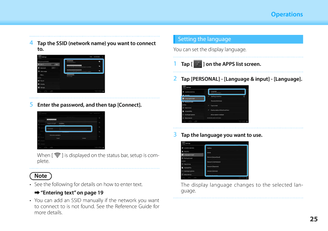 Epson BT-200 manual Setting the language, Tap the Ssid network name you want to connect to, Entering text on 