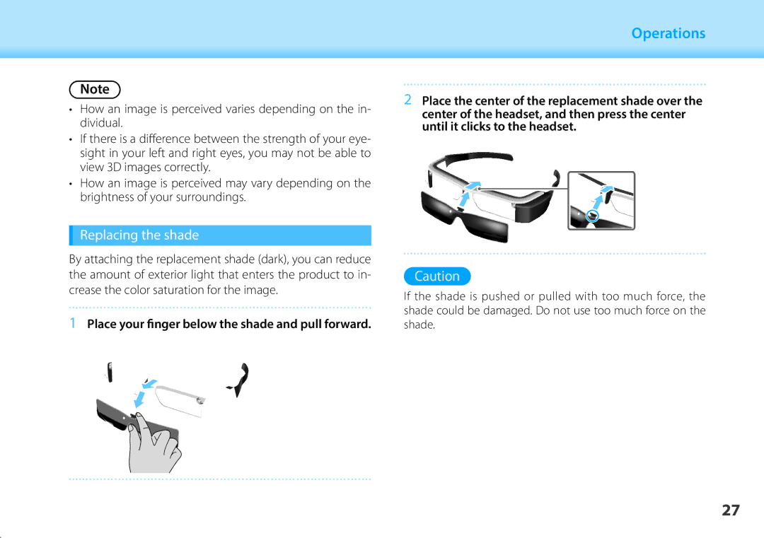 Epson BT-200 manual 01NoteHead a, Replacing the shade, Place your finger below the shade and pull forward 