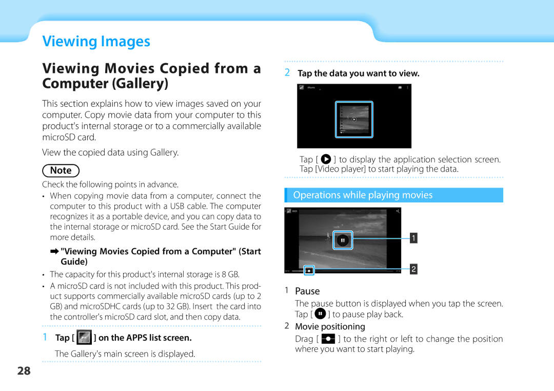 Epson BT-200 manual Viewing01 ChapterImagestitle, Operations while playing movies, Pause, Tap the data you want to view 