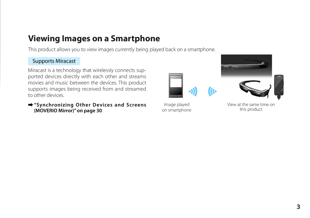 Epson BT-200 manual Supports Miracast, Synchronizing Other Devices and Screens, Moverio Mirror on 