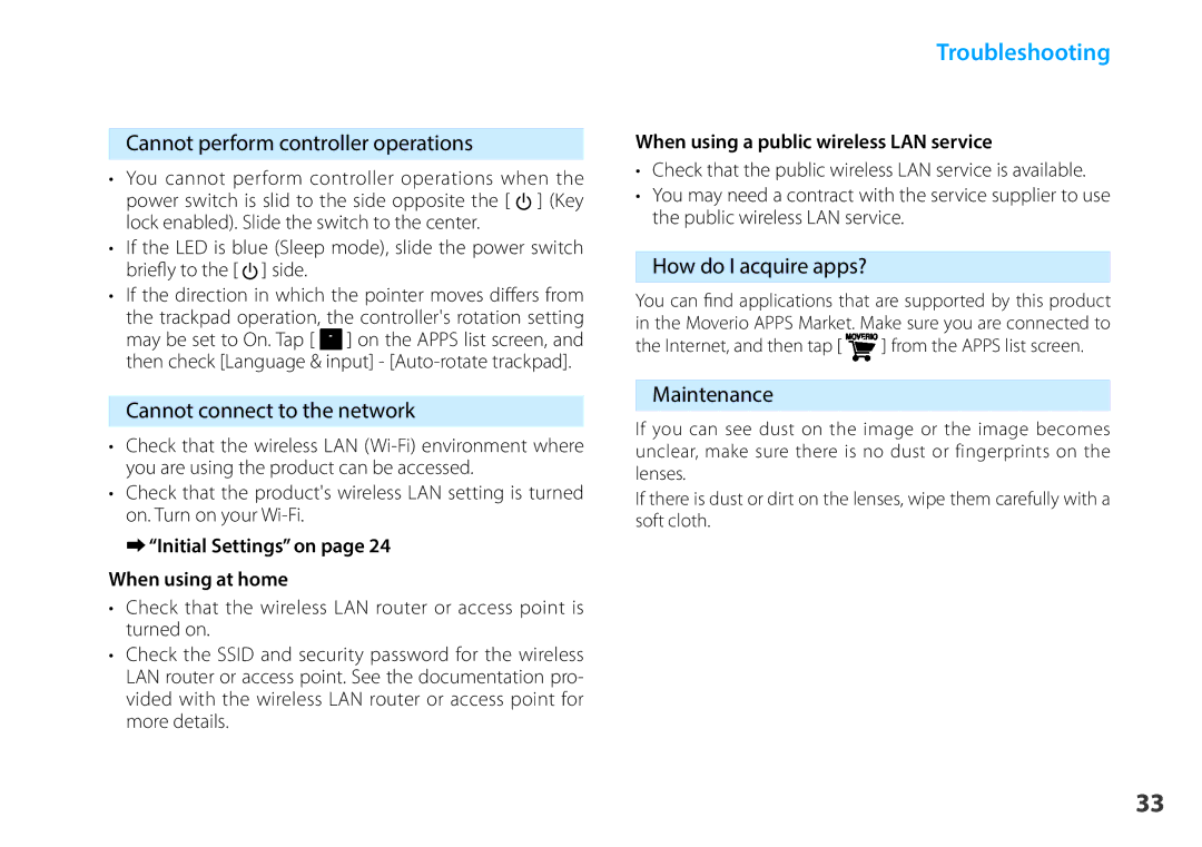 Epson BT-200 manual 01CannotHeadperformA controller operations, Cannot connect to the network, How do I acquire apps? 