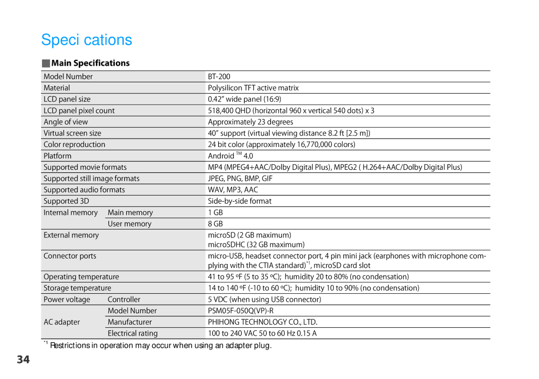 Epson BT-200 manual Specifications01 Chap er title, Main Specifications 