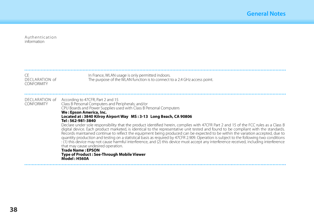 Epson BT-200 France, Wlan usage is only permitted indoors, Declaration According to 47CFR, Part 2, We Epson America, Inc 