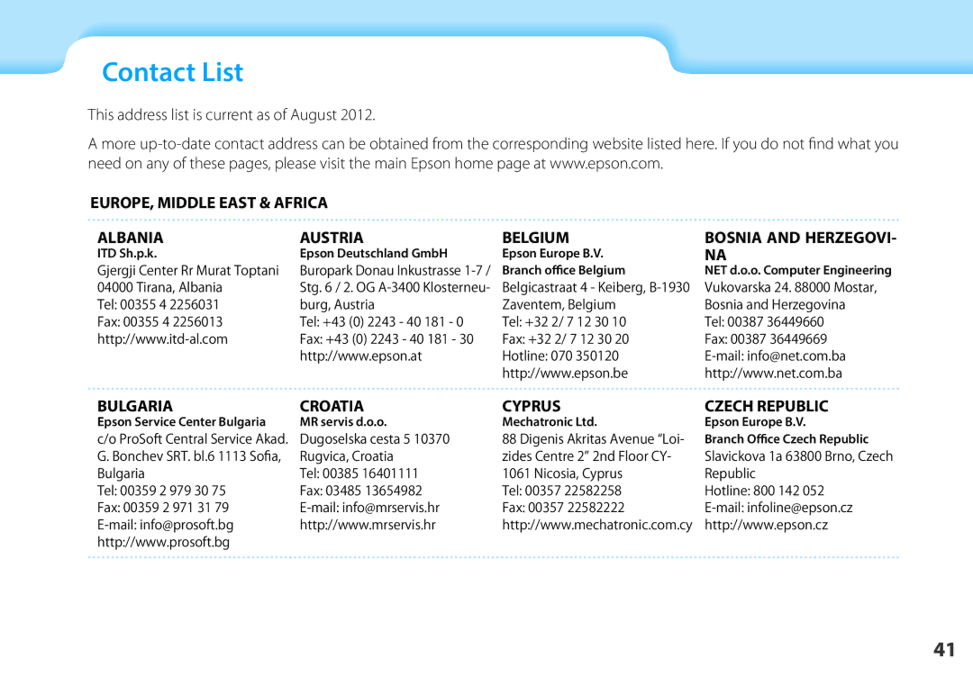 Epson BT-200 manual Contact01 ChapterList title, EUROPE, Middle East & Africa Albania Austria Belgium 