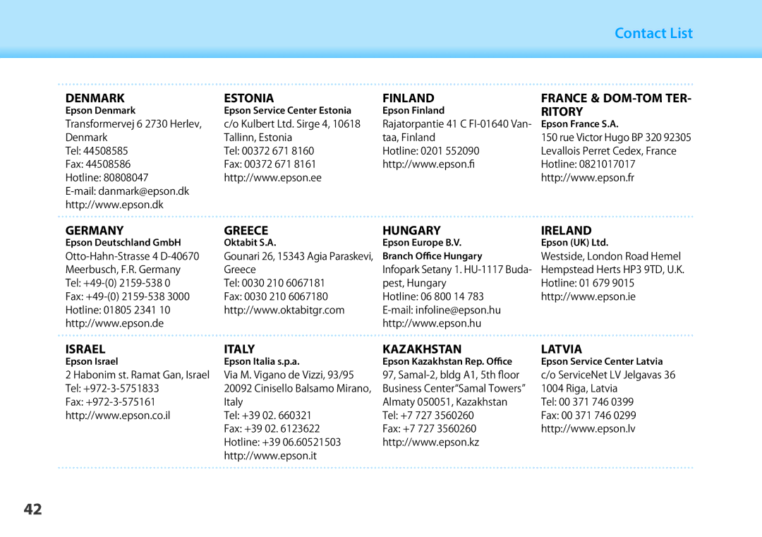 Epson BT-200 manual Estonia Finland France & DOM-TOM TER Denmark Ritory, Germany Greece Hungary Ireland 