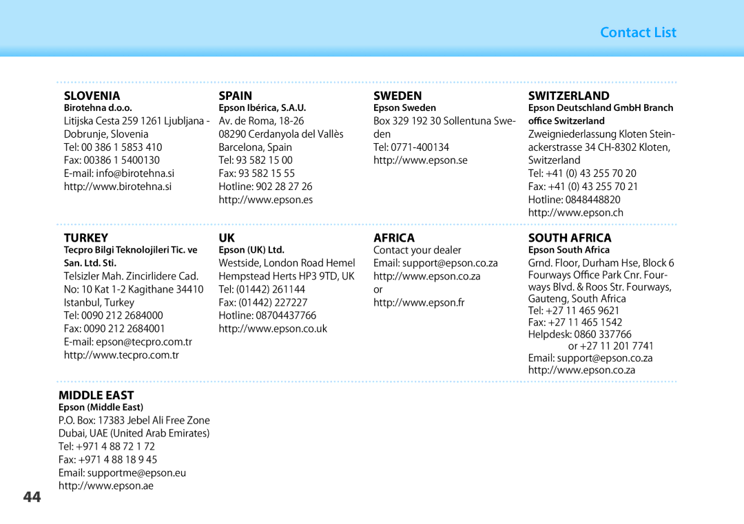 Epson BT-200 manual Spain Sweden Slovenia, Turkey Africa, Switzerland, South Africa, Middle East 