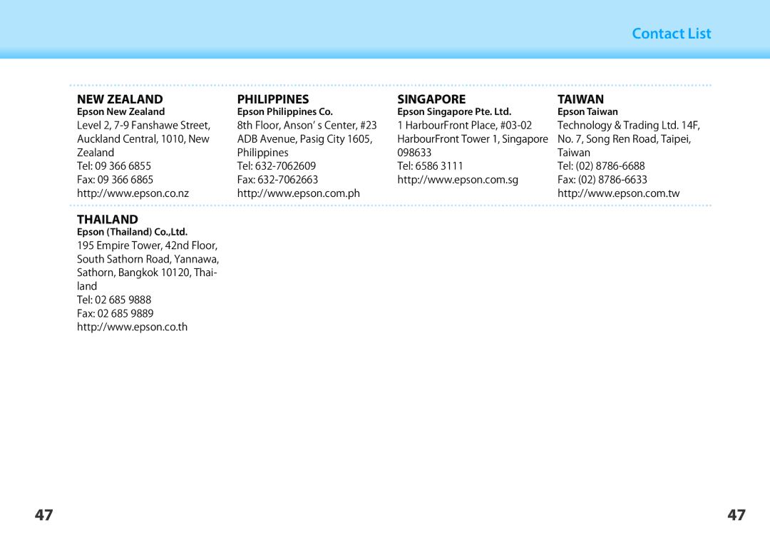 Epson BT-200 manual NEW Zealand Philippines Singapore Taiwan, Thailand, Epson New Zealand Epson Philippines Co Epson Taiwan 