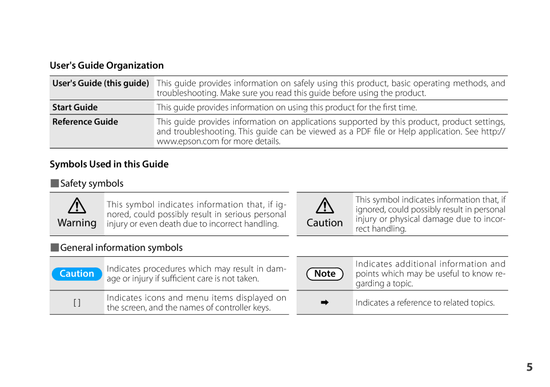 Epson BT-200 manual Symbols Used in this Guide Safety symbols, General information symbols, Start Guide, Reference Guide 