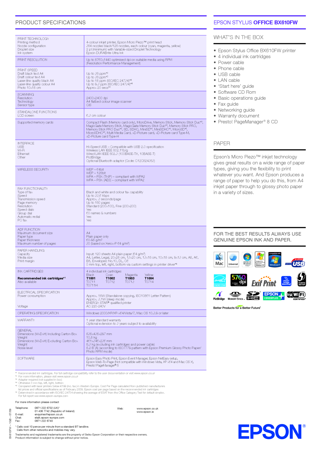 Epson manual Product Specifications, What’S In The Box, Paper, EPSON STYLUS OFFICE BX610FW, Recommended ink cartridges*1 