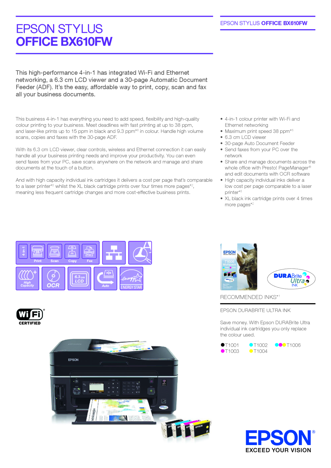 Epson manual Office BX610FW, Recommended INKS*1 