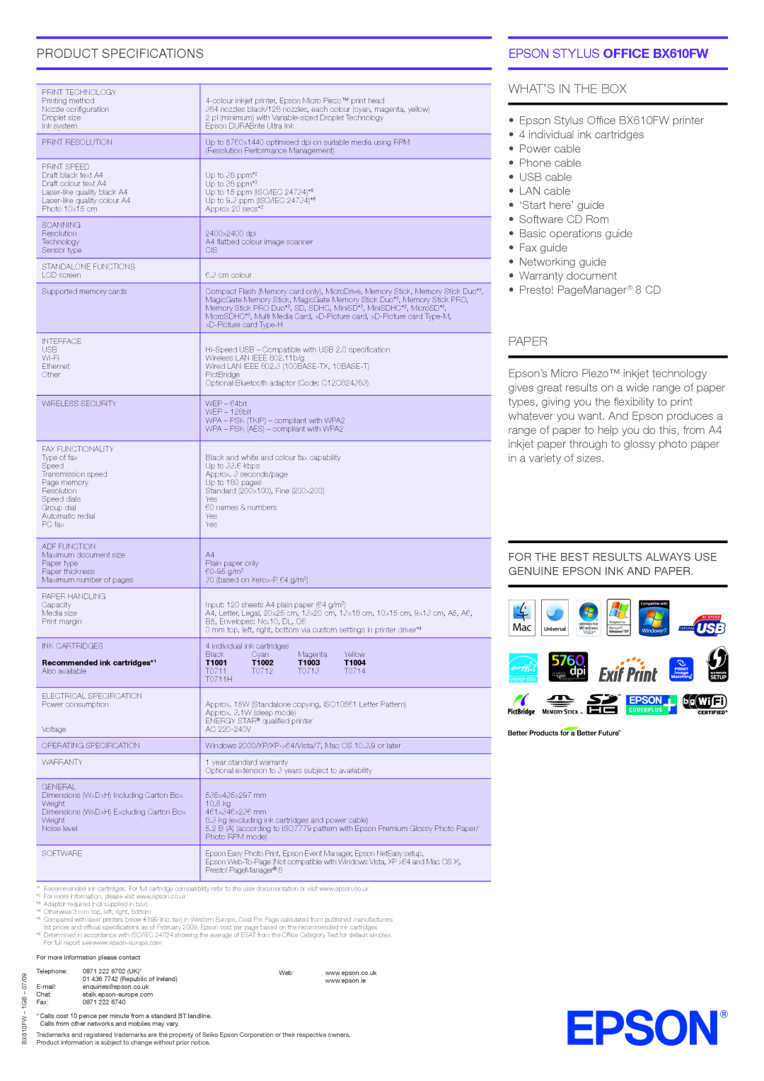 Epson BX610FW manual Product Specifications, WHAT’S in the BOX, Paper 