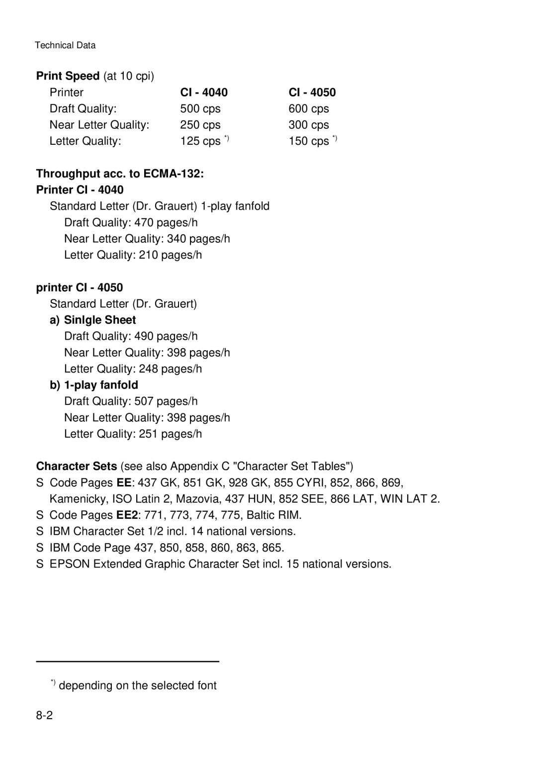 Epson C I - 4 0 5 0 user manual Print Speed at 10 cpi, Throughput acc. to ECMA-132 Printer CI, Sinlgle Sheet, Play fanfold 