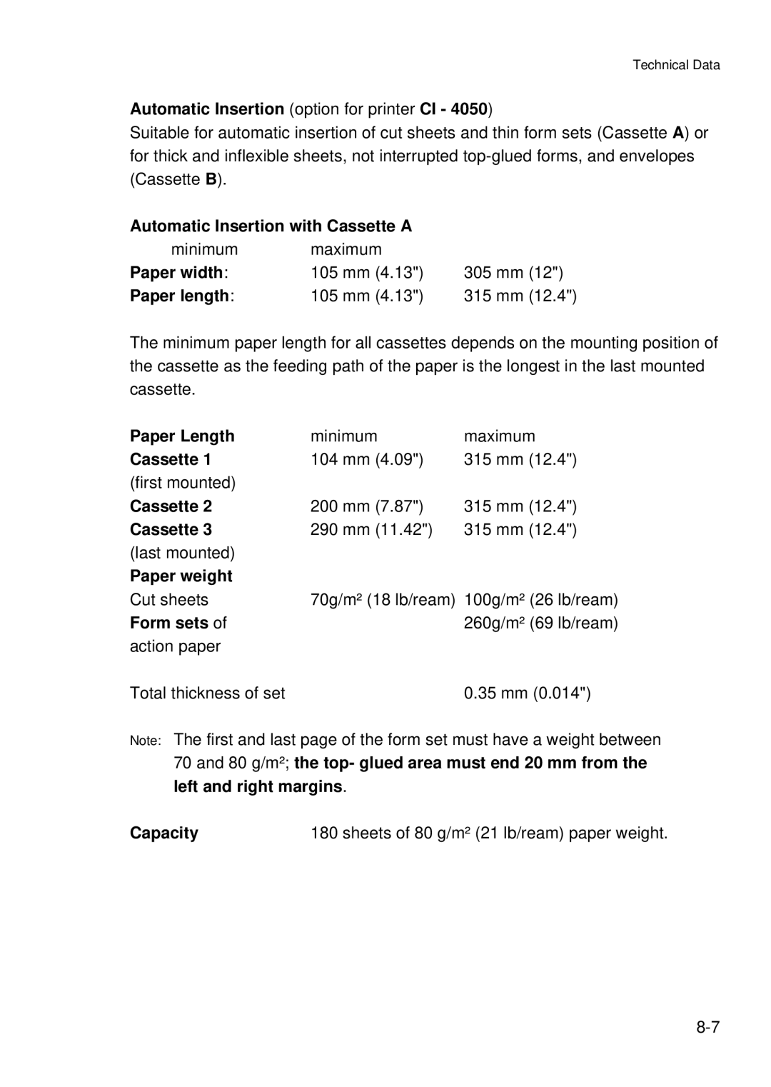 Epson C I - 4 0 4 0 Automatic Insertion option for printer CI, Automatic Insertion with Cassette a, Paper width, Form sets 