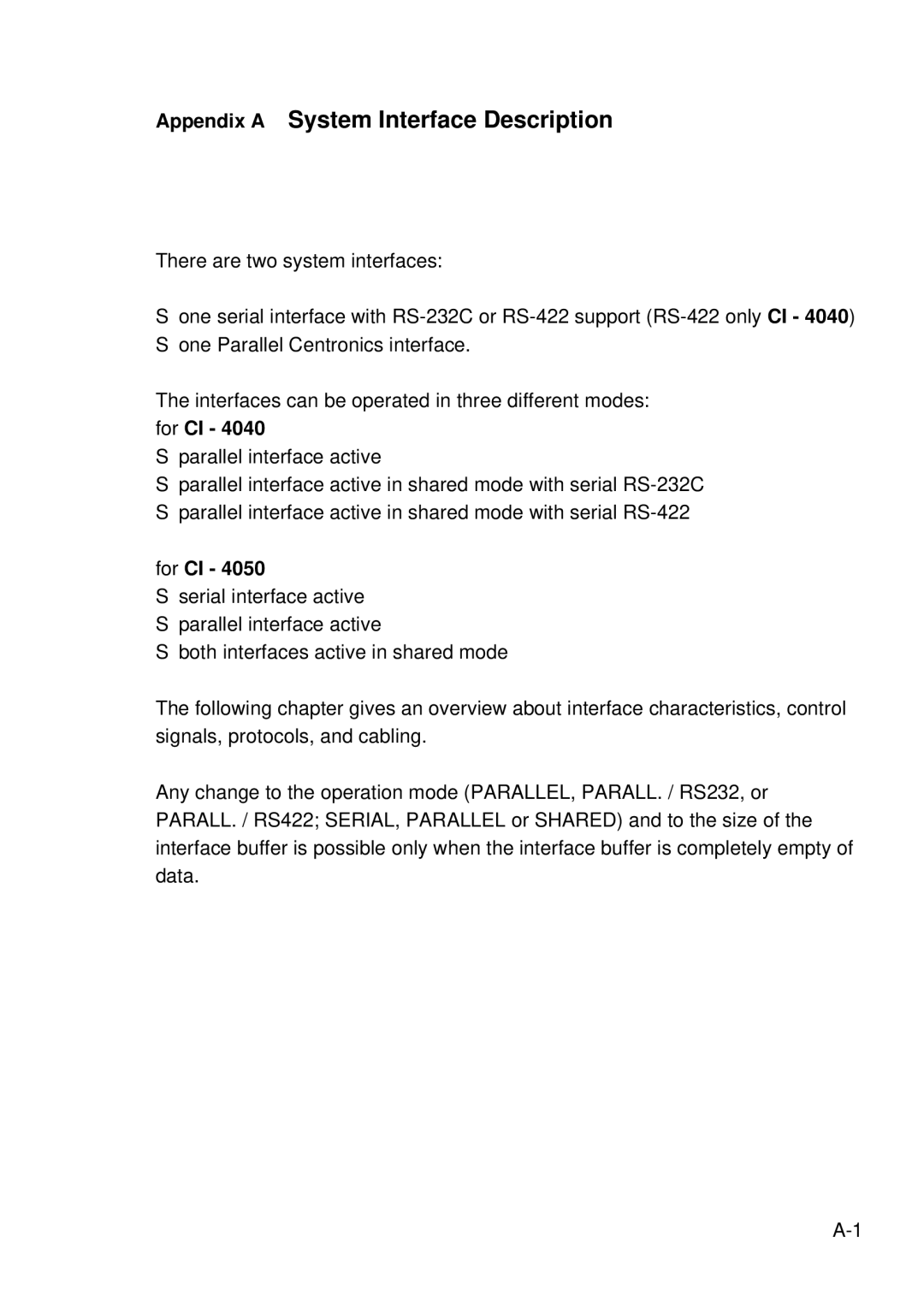 Epson C I - 4 0 4 0, C I - 4 0 5 0 user manual Appendix a System Interface Description, For CI 