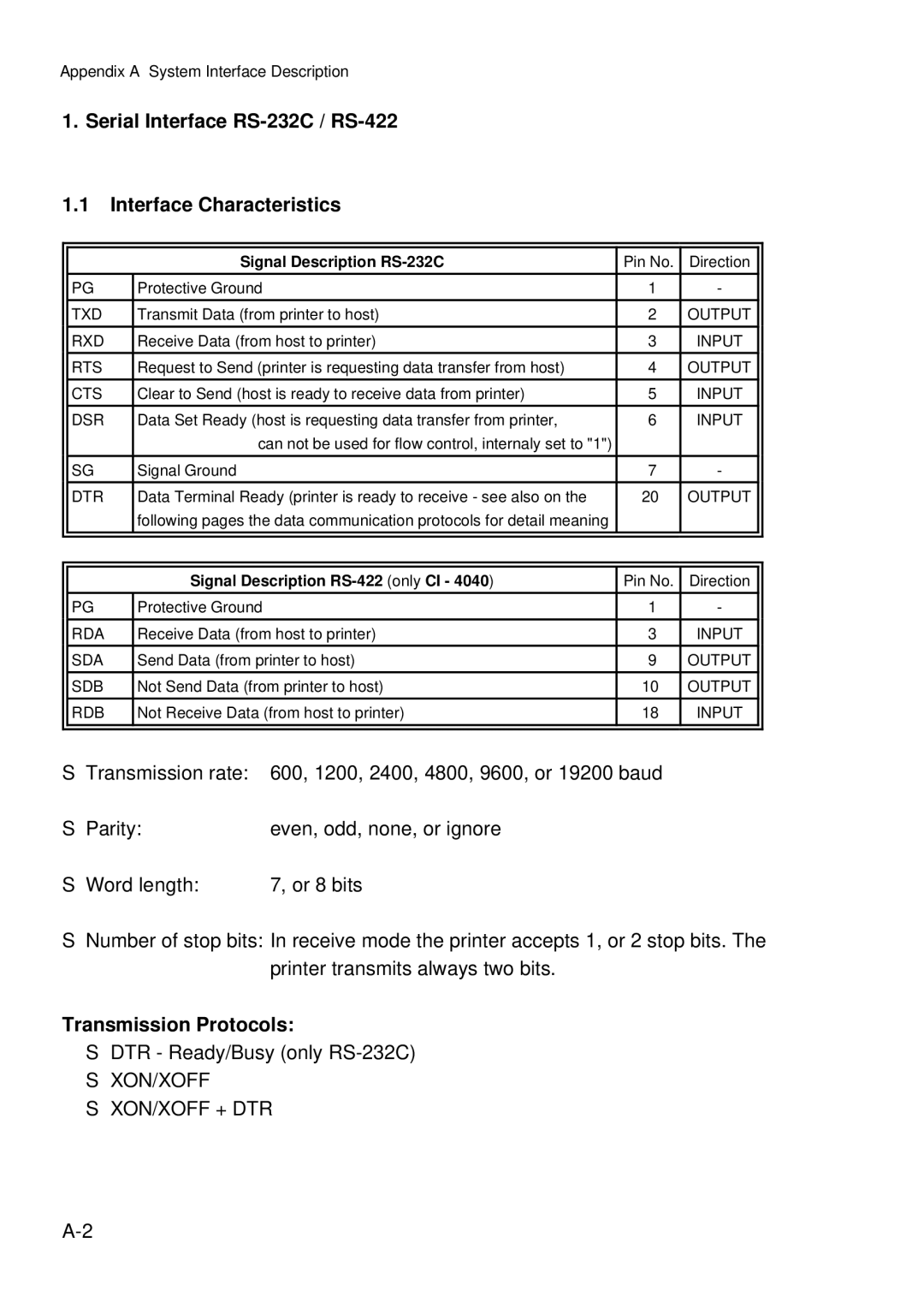 Epson C I - 4 0 5 0, C I - 4 0 4 0 Serial Interface RS-232C / RS-422 Interface Characteristics, Transmission Protocols 