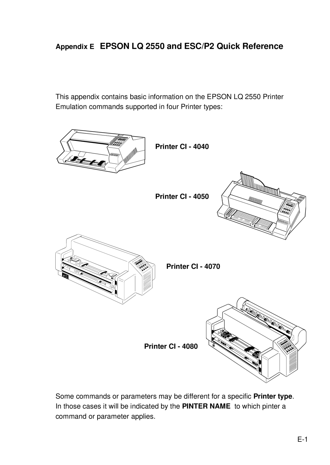 Epson C I - 4 0 4 0, C I - 4 0 5 0 user manual Appendix E Epson LQ 2550 and ESC/P2 Quick Reference, Printer CI 