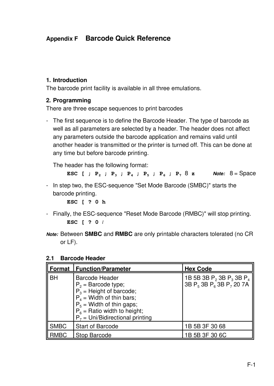 Epson C I - 4 0 4 0 Appendix F Barcode Quick Reference, Introduction, Programming, Header has the following format 