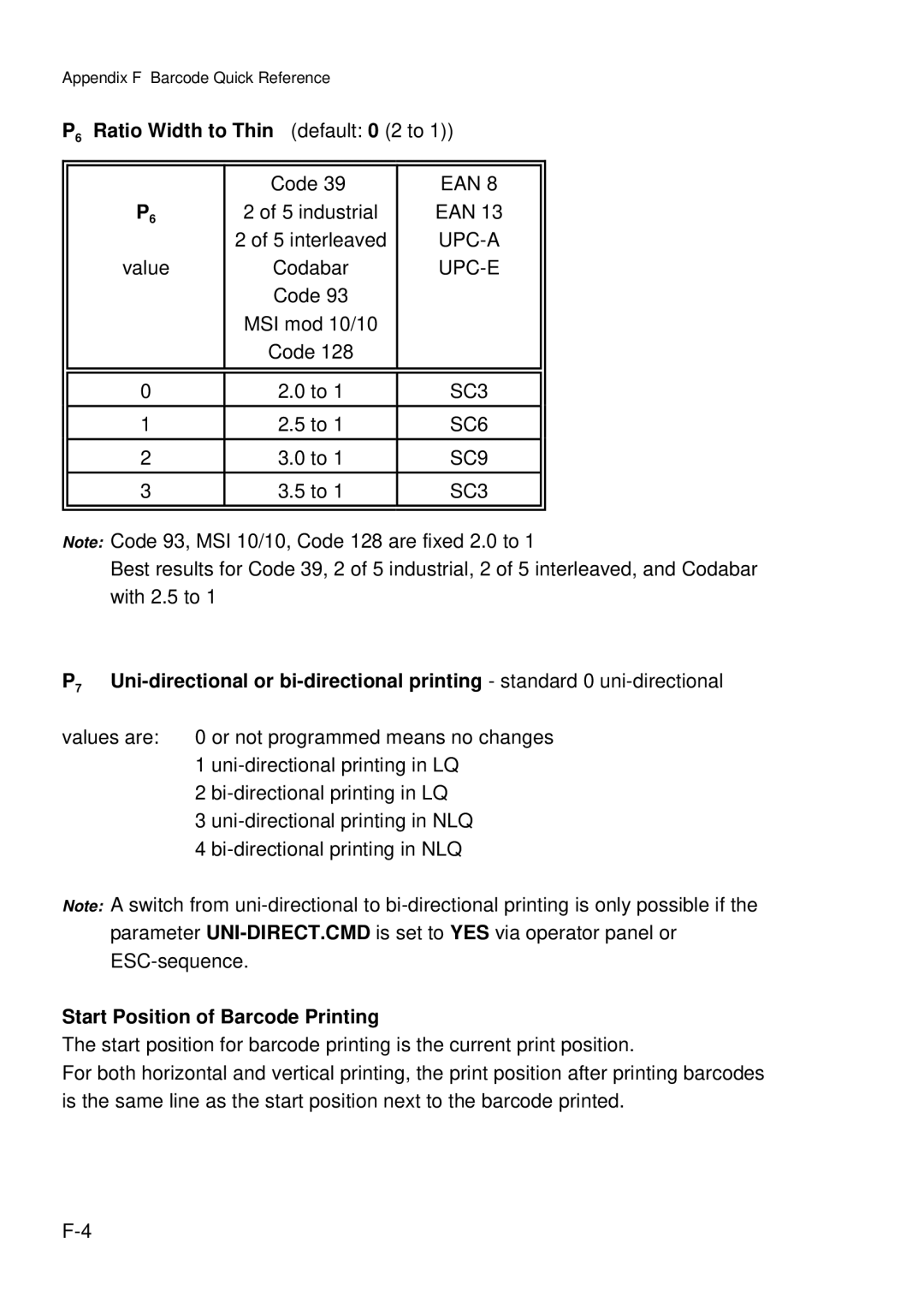 Epson C I - 4 0 5 0 user manual P6 Ratio Width to Thin default 0 2 to, Start Position of Barcode Printing, SC3, SC6, SC9 