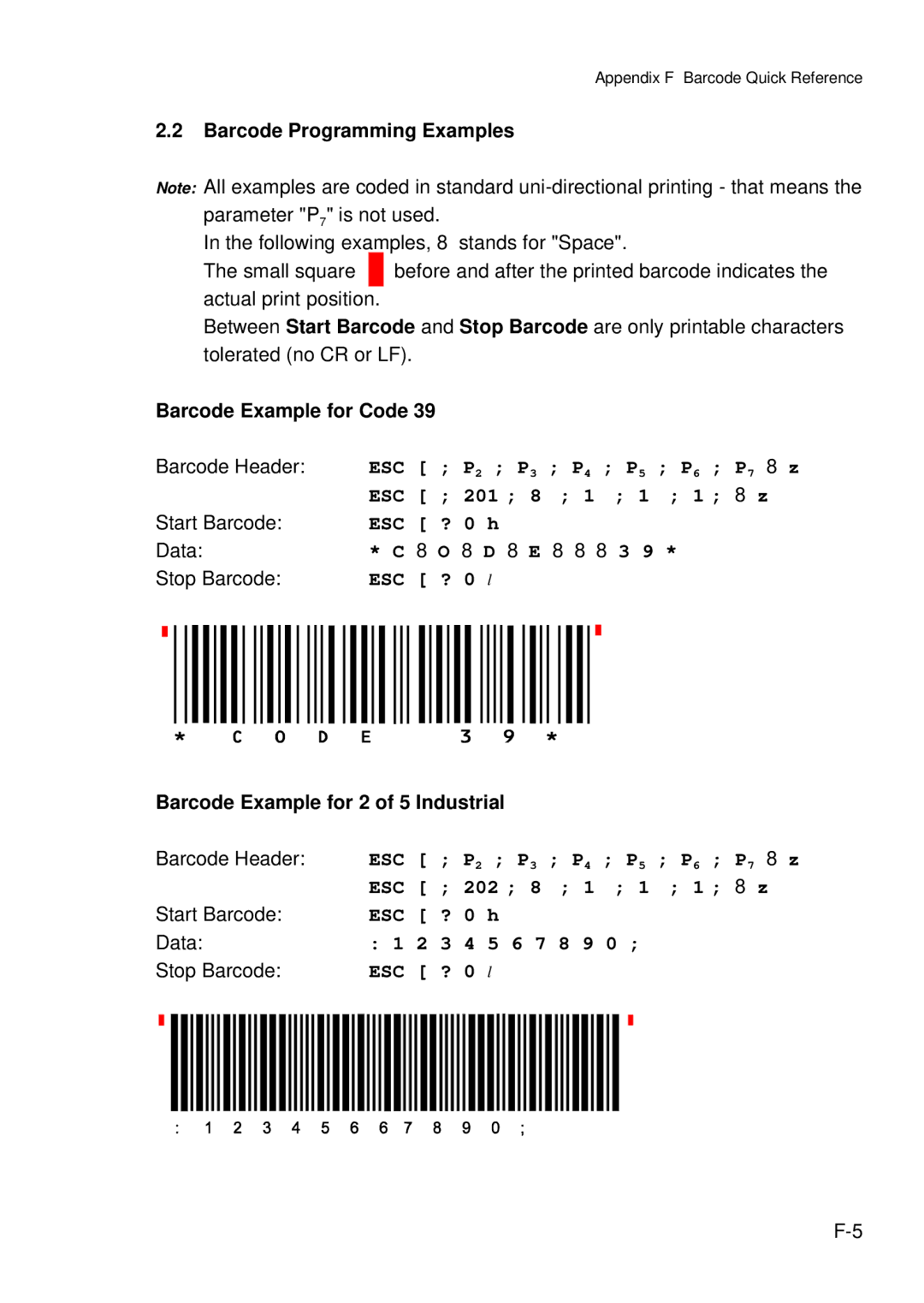 Epson C I - 4 0 4 0 user manual Barcode Programming Examples, Barcode Example for Code Barcode Header, Start Barcode, Data 