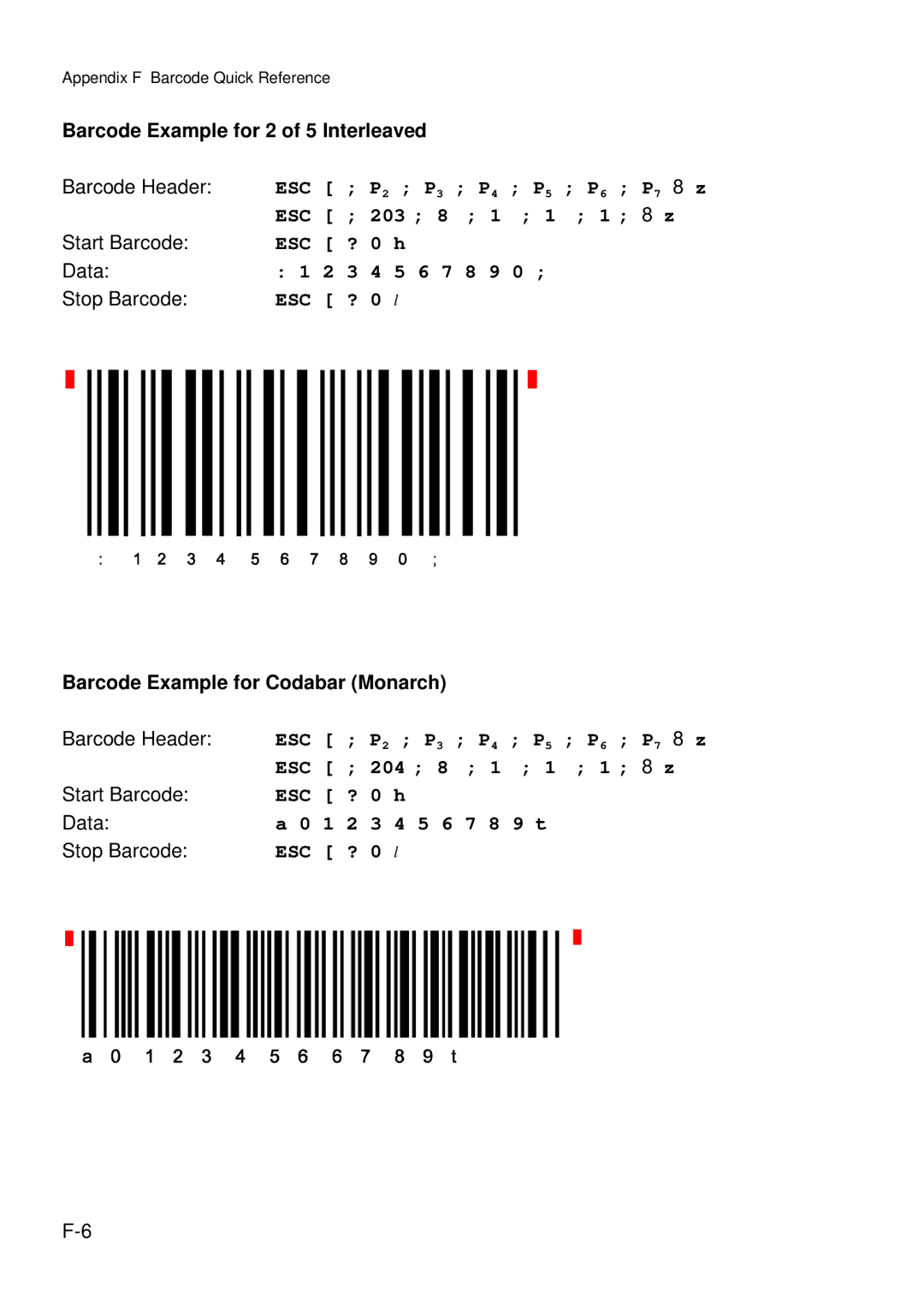 Epson C I - 4 0 5 0 user manual Barcode Example for 2 of 5 Interleaved, Barcode Example for Codabar Monarch Barcode Header 