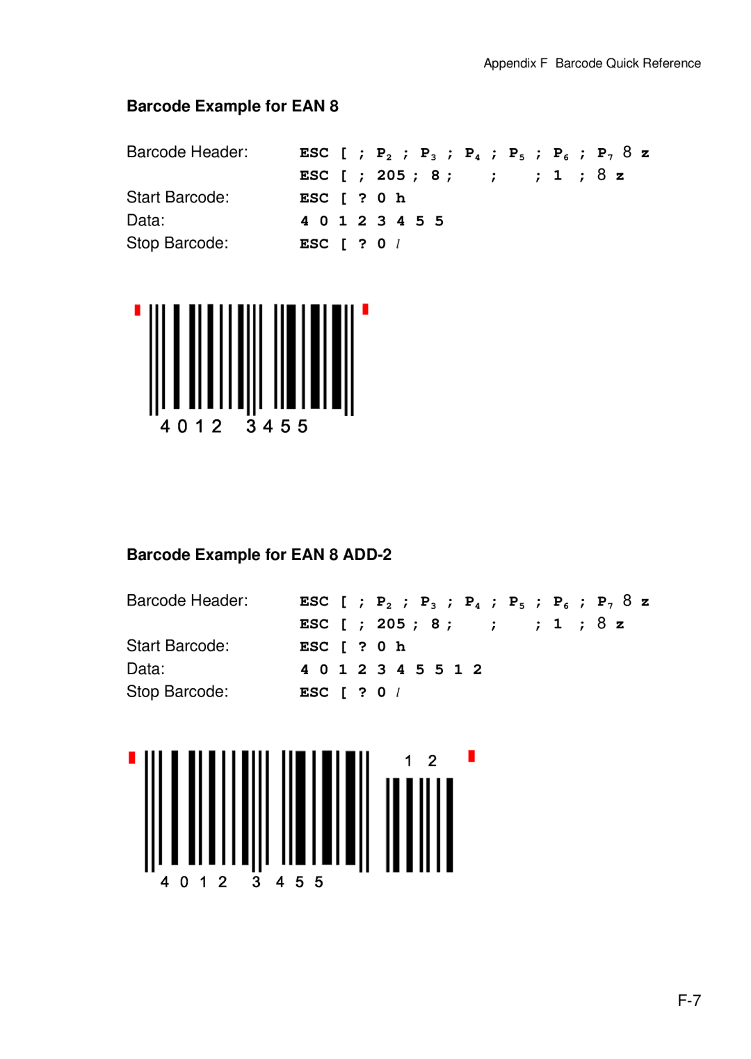 Epson C I - 4 0 4 0 user manual Barcode Example for EAN Barcode Header, Data Stop Barcode, Barcode Example for EAN 8 ADD-2 