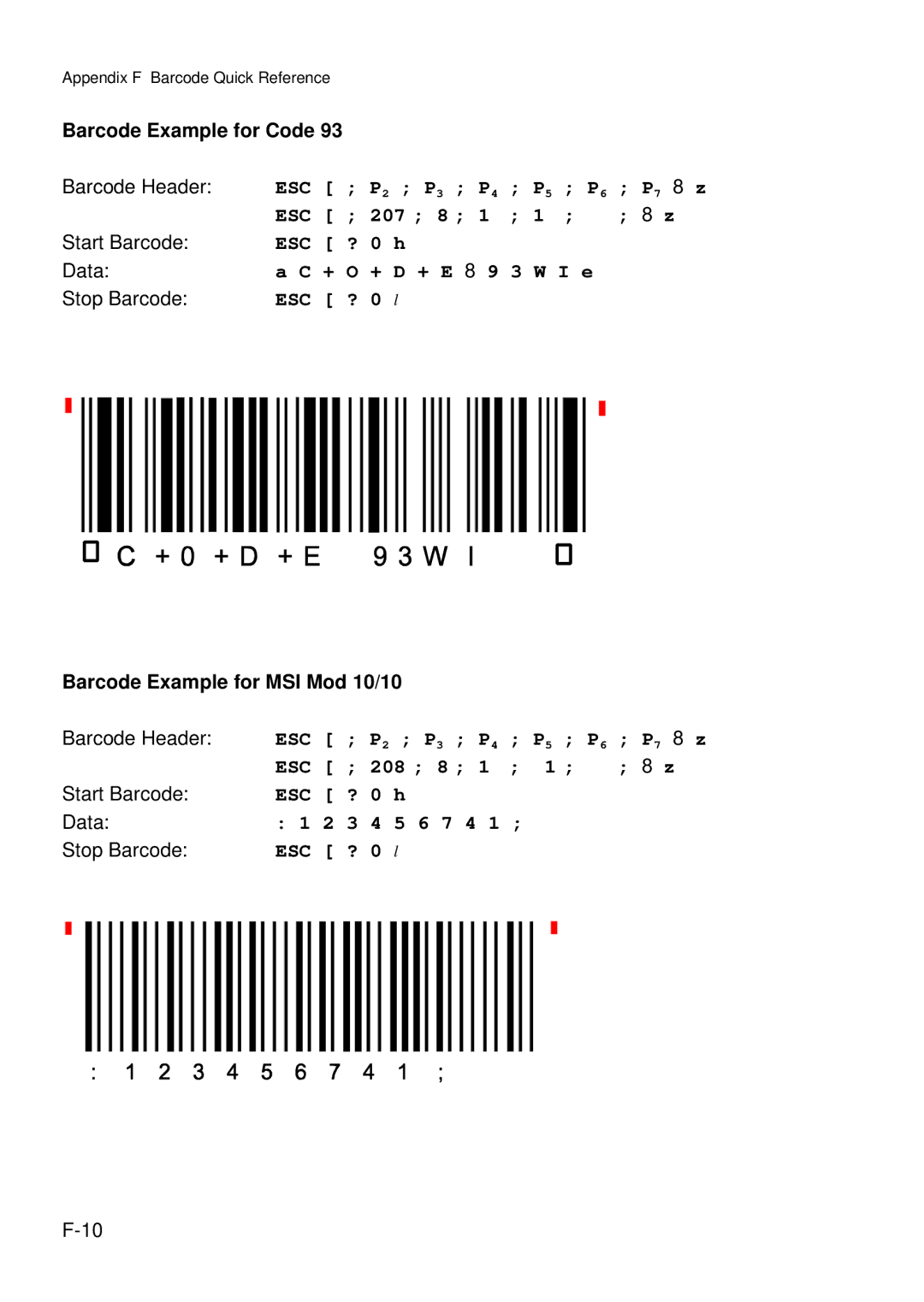 Epson C I - 4 0 5 0 user manual Barcode Example for Code Barcode Header, Barcode Example for MSI Mod 10/10 Barcode Header 