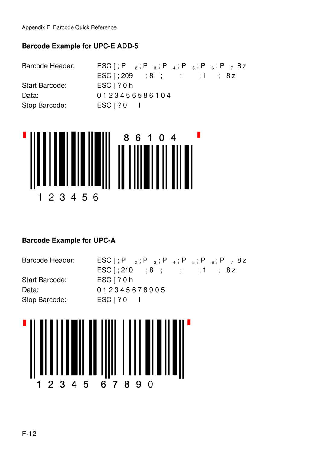 Epson C I - 4 0 5 0 user manual Barcode Example for UPC-E ADD-5 Barcode Header, Barcode Example for UPC-A Barcode Header 