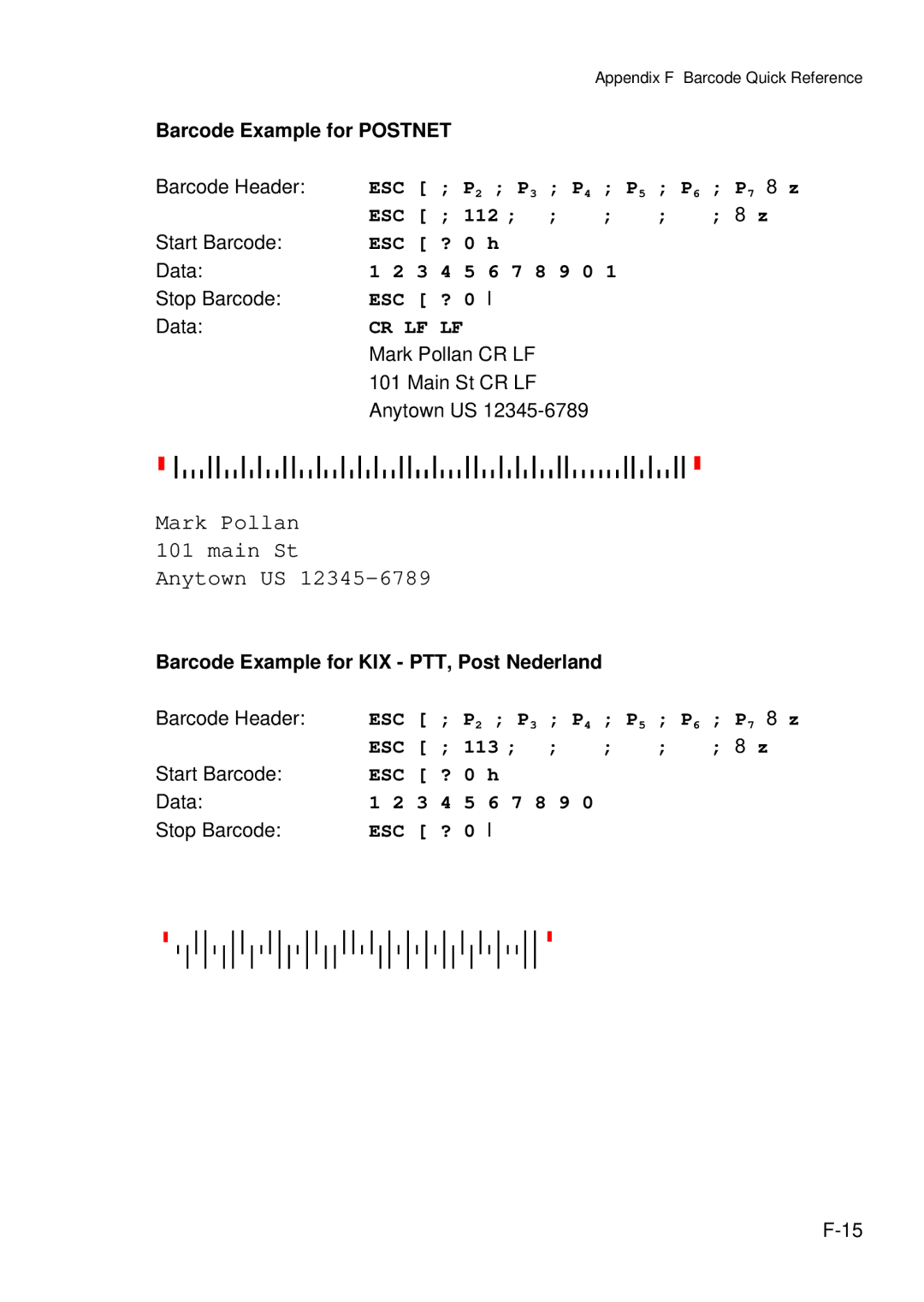 Epson C I - 4 0 4 0, C I - 4 0 5 0 user manual Barcode Example for Postnet Barcode Header, Mark Pollan CR LF 