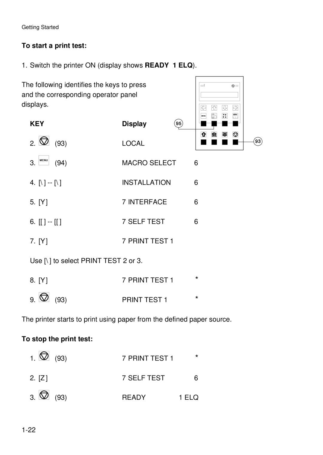 Epson C I - 4 0 4 0, C I - 4 0 5 0 user manual To start a print test, Key, Display, To stop the print test 