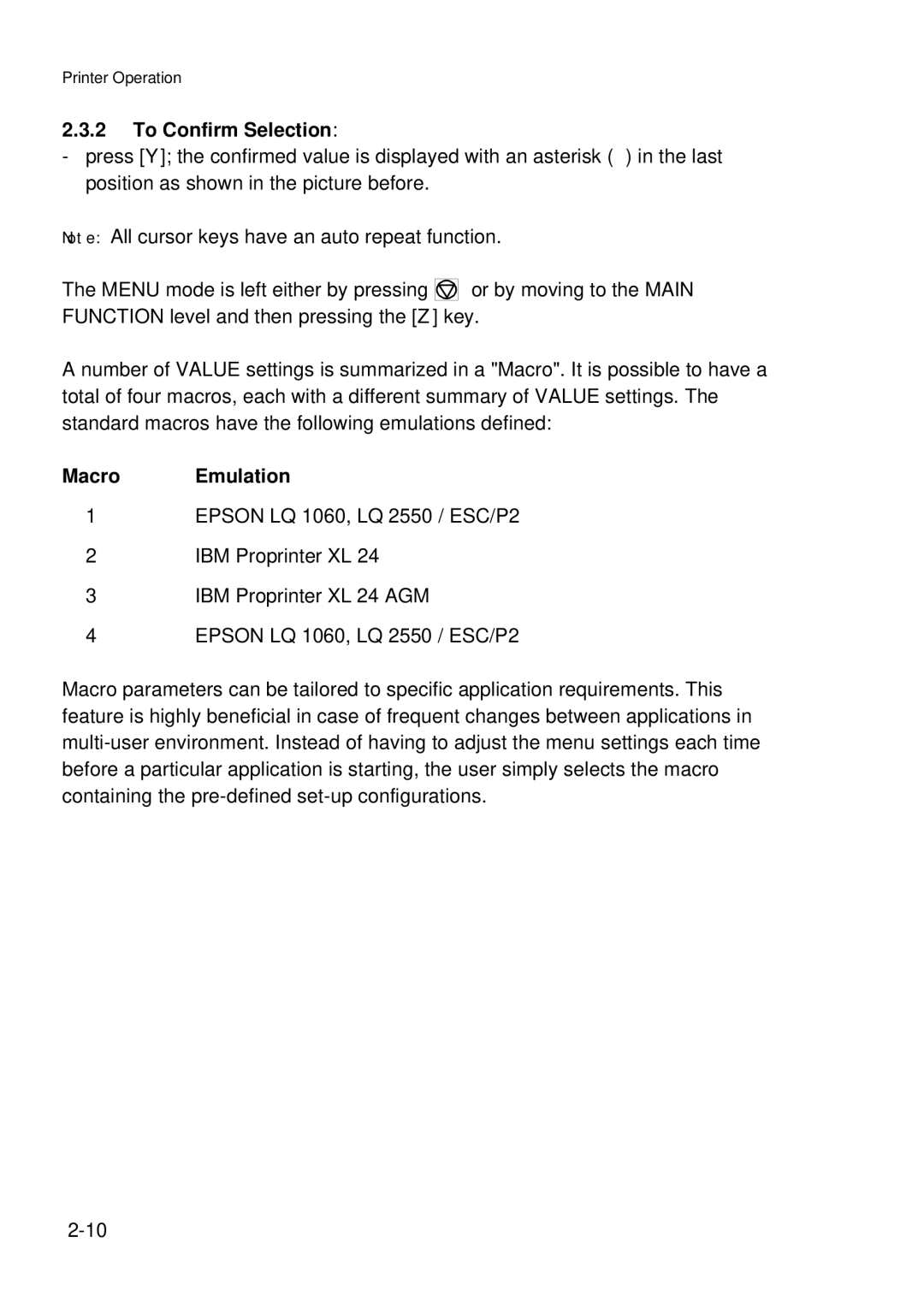 Epson C I - 4 0 4 0, C I - 4 0 5 0 user manual To Confirm Selection, Macro Emulation 