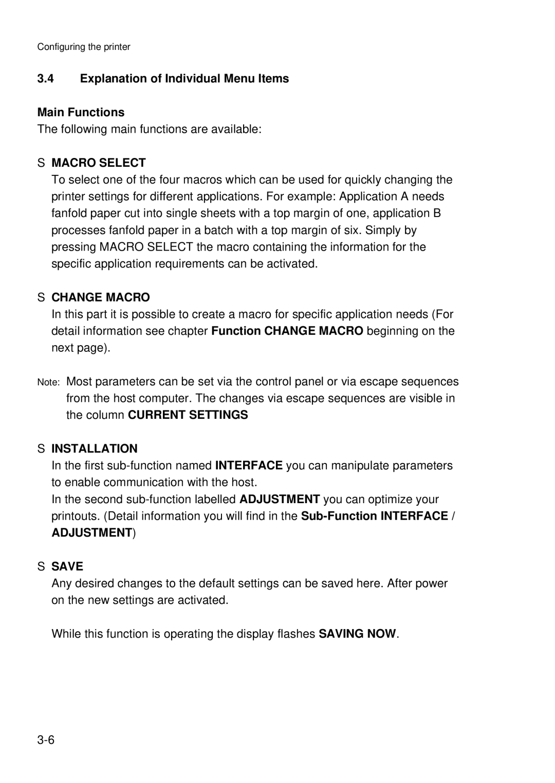 Epson C I - 4 0 4 0 Explanation of Individual Menu Items Main Functions, Macro Select, Change Macro, Installation 