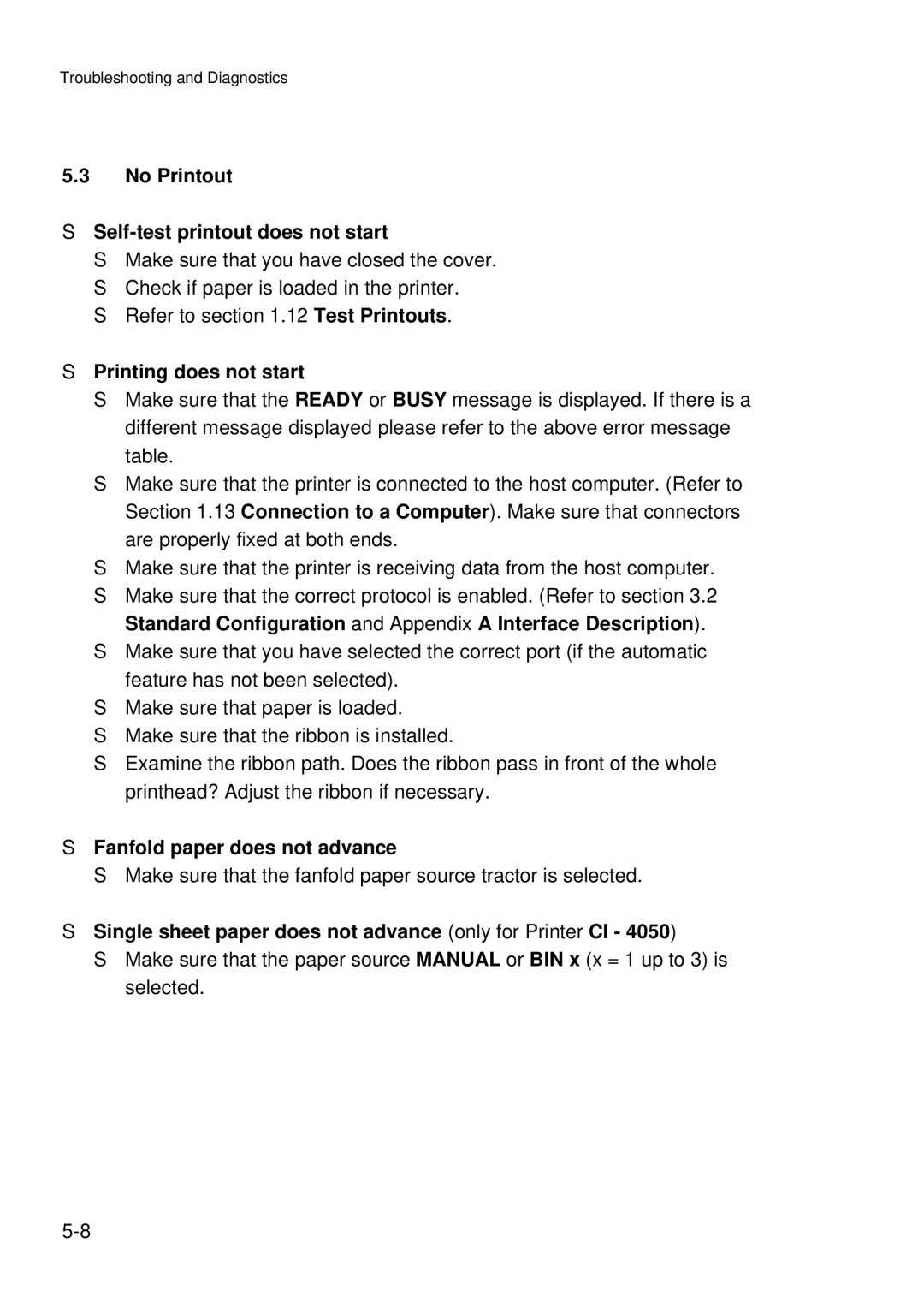 Epson C I - 4 0 4 0 No Printout Self-test printout does not start, Printing does not start, Fanfold paper does not advance 