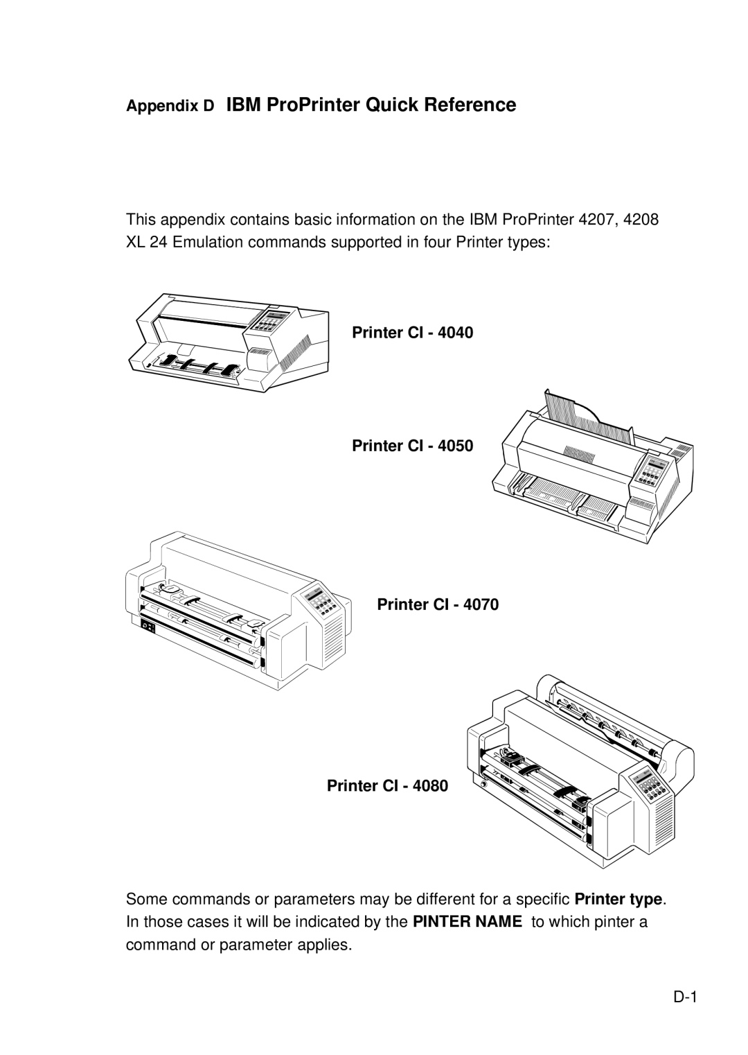 Epson C I - 4 0 8 0, C I - 4 0 7 0 user manual Appendix D IBM ProPrinter Quick Reference, Printer CI 